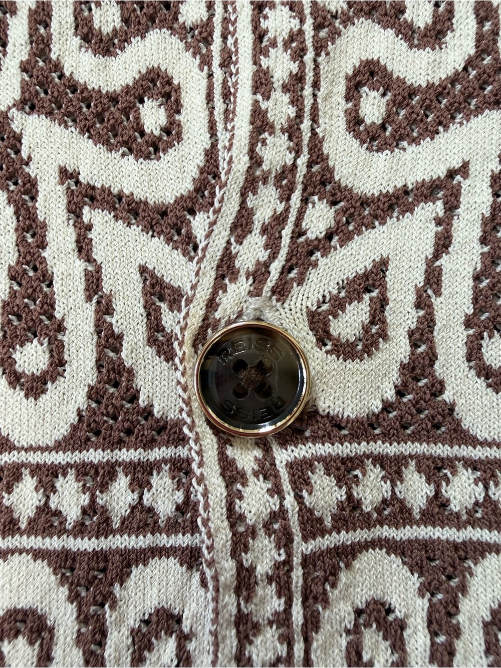 Reiss River Tile Pattern Knit Shirt Brown White Cuban Collar Men's Small - Picture 8 of 10